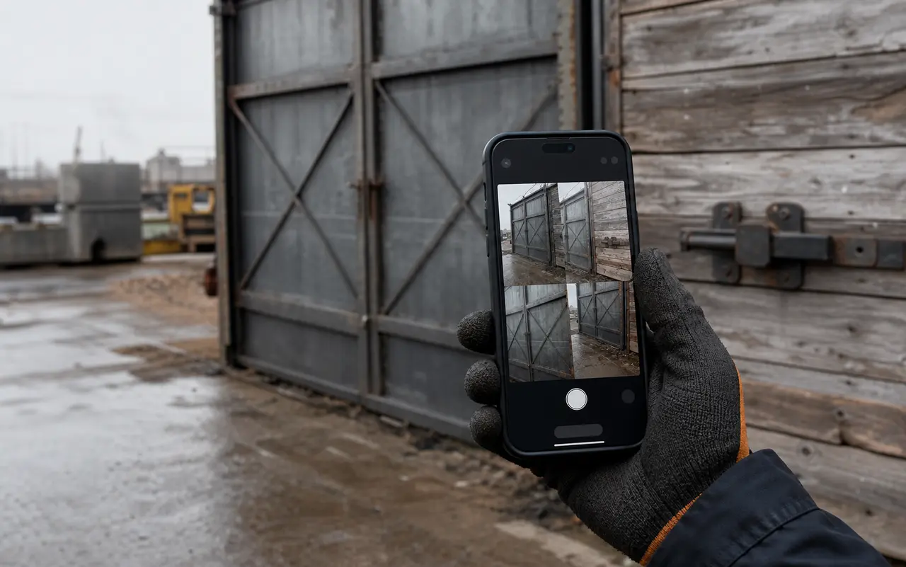 Людина фотографує ворота й дерев’яну поверхню телефоном для оцінки робіт
